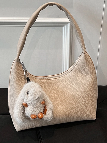 Women Minimalist PU Leather Hobo Shoulder Bag Large Capacity Solid Color Litchi Pattern Underarm Bag With Rabbit Pendant