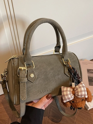 Women Retro PU Leather Boston Bag Small Shoulder Crossbody Handbag With Bear Charm Casual Solid Color Stitching Top Handle Bag