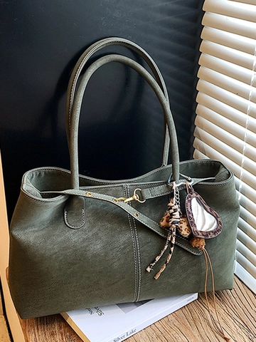 Large Capacity PU Leather Tote Bag For Women Retro Contrast Stitching Shoulder Bag With Leopard Heart Charm Commuter Handbag