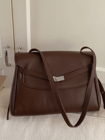 Women Large Capacity Retro Commuter Shoulder Bag PU Leather Litchi Grain Tote Bag Crossbody Handbag With Silver Lock