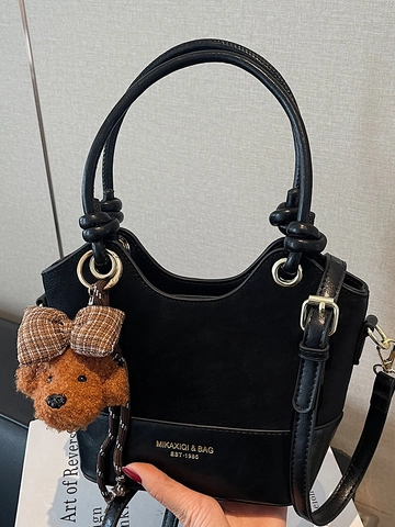 PU Leder Eimertasche Im Koreanischen Stil Mit Kontrastfarbenem Patchwork Für Damen Pendler Umhängetasche Mit Teddybär Anhänger