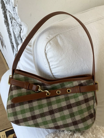 Bolso de Axila a Cuadros Vintage Francés para Mujer Retro PU Tela Patchwork Gran Capacidad Bolso de Hombro Minimalista de Viaje