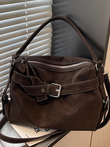Vintage Casual Large Capacity PU Leather Tote Bag For Women Solid Color Contrast Stitching Commuter Shoulder Bag Handbag