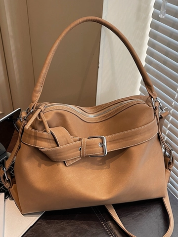 Vintage Casual Large Capacity PU Leather Tote Bag For Women Solid Color Contrast Stitching Commuter Shoulder Bag Handbag