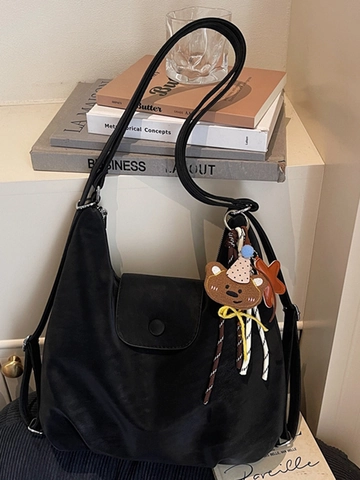 Borsa Tote in Pelle PU Opaca Vintage di Grande Capacità per Donna Borsa a Tracolla Pendolare Urbana Minimalista con Simpatico Ciondolo a Orso