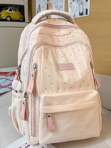 Frisse Sterrenprint Schoolrugzak Voor Meisjes Nylon Grote Capaciteit Reisrugzak Met Pluche Konijnenhanger Casual Campus Tas