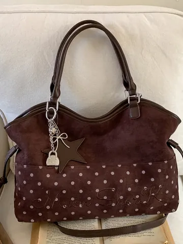 Sac Cabas en PU pour Femmes Grande Capacité Rétro Chic Motif à Pois Broderie Sac à Bandoulière Unique Avec Pendentif Sac à Main Décontracté Quotidien