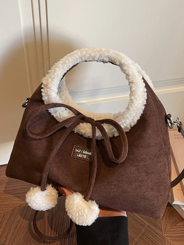 Vintage Damen PU Wildlederimitat Handtasche Mit Lammwollbesatz Schleife Pompons Retro Herbst Winter Schulter Umhängetasche
