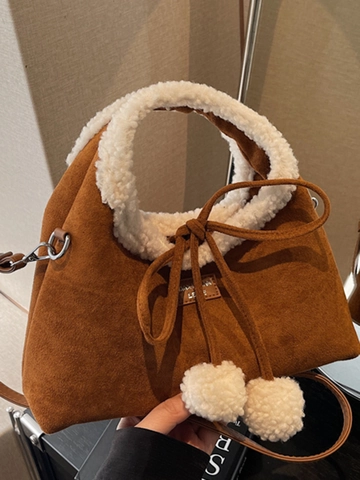 Vintage Damen PU Wildlederimitat Handtasche Mit Lammwollbesatz Schleife Pompons Retro Herbst Winter Schulter Umhängetasche