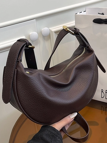 Women Minimalist PU Leather Crescent Shoulder Bag Pebble Grain Solid Color Adjustable Strap High Fashion Hobo Crossbody Bag