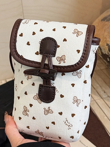 Damen Retro Kordsamt Mini Umhängetasche Für Handy Mit Knebelverschluss Herz Schleife Punktmuster Kleine Vertikale Quadratische Schultertasche