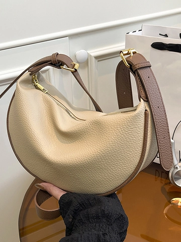 Women Minimalist PU Leather Crescent Shoulder Bag Pebble Grain Solid Color Adjustable Strap High Fashion Hobo Crossbody Bag