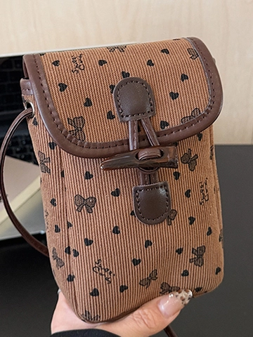 Damen Retro Kordsamt Mini Umhängetasche Für Handy Mit Knebelverschluss Herz Schleife Punktmuster Kleine Vertikale Quadratische Schultertasche