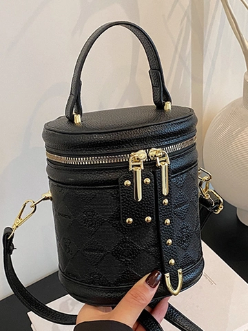 Borsa a Secchiello in Pelle PU a Rombi Retro per Donna Moda Tracolla Borsa Cilindrica a Mano Con Ferramenta Dorata Vintage