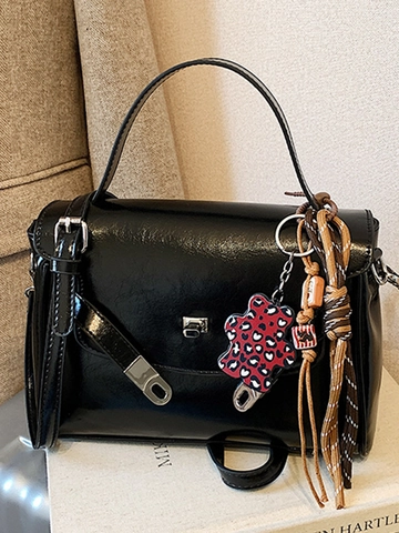 Women Retro PU Leather Square Handbag Fashion Crossbody Shoulder Bag With Leopard Bear Charm Lock Closure Commuter Bag