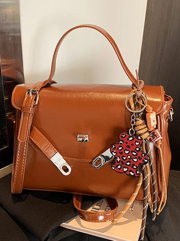 Women Retro PU Leather Square Handbag Fashion Crossbody Shoulder Bag With Leopard Bear Charm Lock Closure Commuter Bag