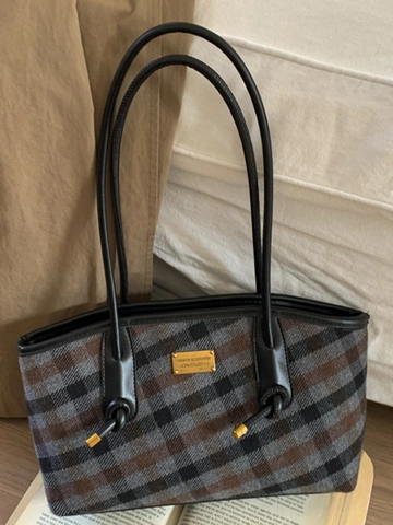 Damen Retro Gitter Tote Bag PU Leder Große Kapazität Achsel Umhängetasche Spleißen Handtasche Für Pendeln Mode