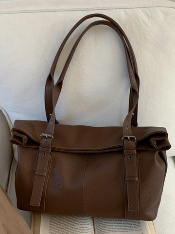 Grand Sac sous le Bras Femme Vintage Cuir PU Motif Litchi Sac Fourre-tout Trajet Avec Boucle en Métal Sac à Épaule Décontracté