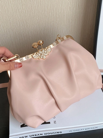 Borsa a Spalla Donna Chic Increspata Vintage Con Chiusura a Scatto a Forma di Conchiglia Strass Fiore PU Pelle Pochette Sera