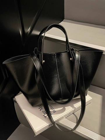 Large Capacity Retro PU Leather Tote Bag For Women Vintage Casual Shoulder Handbag With Top Handle Solid Color Commuter Bag
