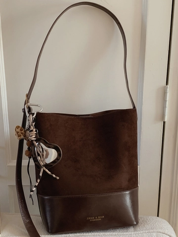 Retro Damen PU Leder Patchwork Wildleder Textur Eimertasche Große Kapazität Mode Einzelschulter Unterachsel Tote Tasche Für Alltag
