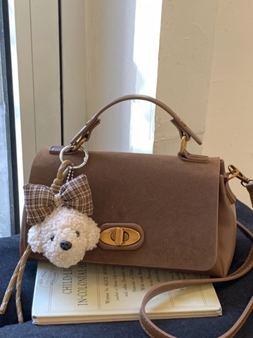 Bolso de Hombro para Mujer Minimalista Retro de Cuero PU Gamuza Empalme Moda Bolso Bandolera con Colgante de Peluche de Perro Invierno