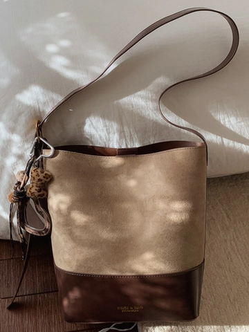 Retro Damen PU Leder Patchwork Wildleder Textur Eimertasche Große Kapazität Mode Einzelschulter Unterachsel Tote Tasche Für Alltag
