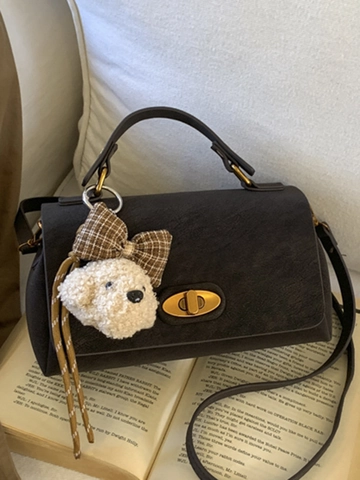 Bolso de Hombro para Mujer Minimalista Retro de Cuero PU Gamuza Empalme Moda Bolso Bandolera con Colgante de Peluche de Perro Invierno