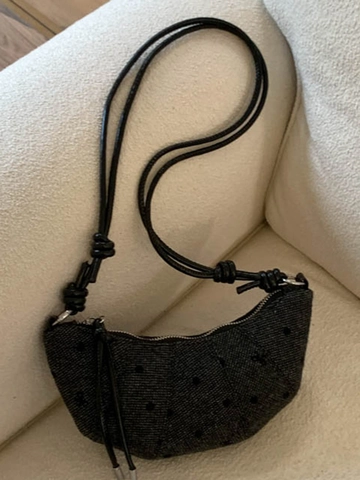 Women Retro Polka Dot Bow Embroidered Half Moon Shoulder Bag Fabric Knotted Strap Casual Hobo Underarm Crossbody Bag