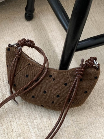 Women Retro Polka Dot Bow Embroidered Half Moon Shoulder Bag Fabric Knotted Strap Casual Hobo Underarm Crossbody Bag