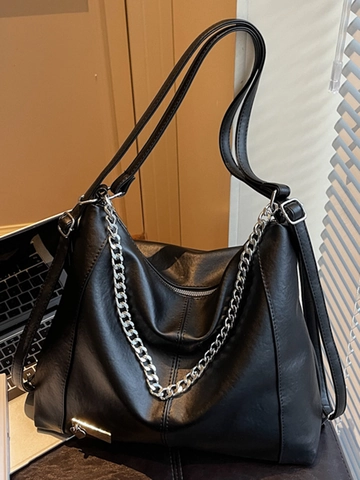 Borsa Tote da Donna in Pelle PU di Grande Capacità Borsa a Tracolla Vintage Retro Zaino Multiuso Con Catena d'Argento
