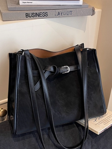 Women Minimalist Large Capacity PU Leather Tote And Pouch Solid Color Commuter Shoulder Bag With Belt Buckle Decor Office Bag