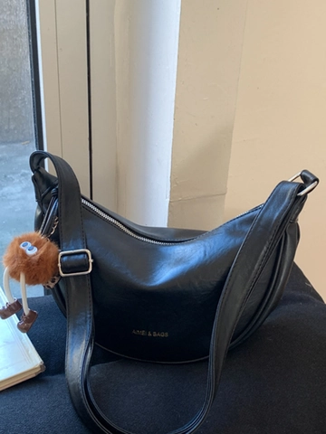 Women Retro PU Leather Hobo Bag Minimalist Half Moon Shoulder Bag With Plush Monster Charm Adjustable Strap Crossbody Bag