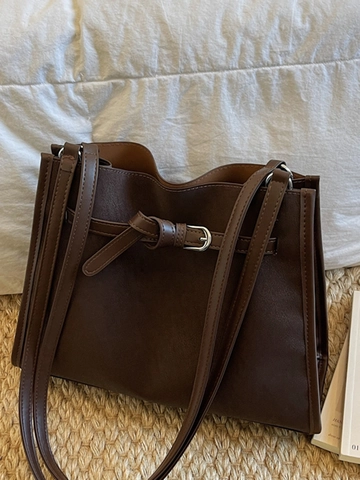 Women Minimalist Large Capacity PU Leather Tote And Pouch Solid Color Commuter Shoulder Bag With Belt Buckle Decor Office Bag