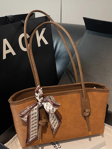 Vintage Damen Unterarmtasche Große Kapazität PU Leder Webtextur Tragetasche Mit Seidentuch Schulterhandtasche Für Pendler