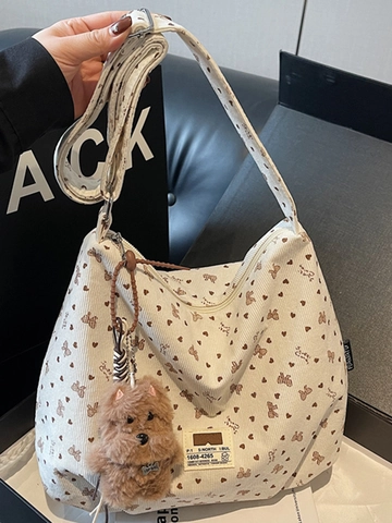Women Corduroy Bow Heart Printed Tote Bag Large Capacity Casual Shoulder Bag With Plush Dog Keychain Fashion Handbag