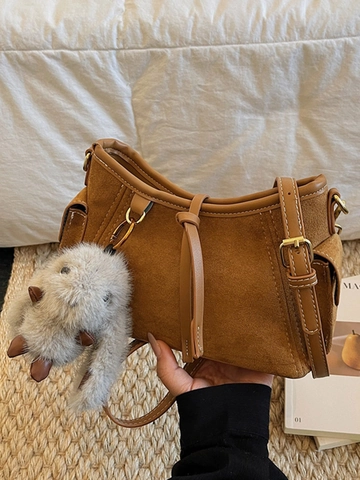 Damen Retro Wildleder Umhängetasche Urban Simple Kleine Quadratische Tasche Mit Plüsch Hasenanhänger Mode Schultertasche