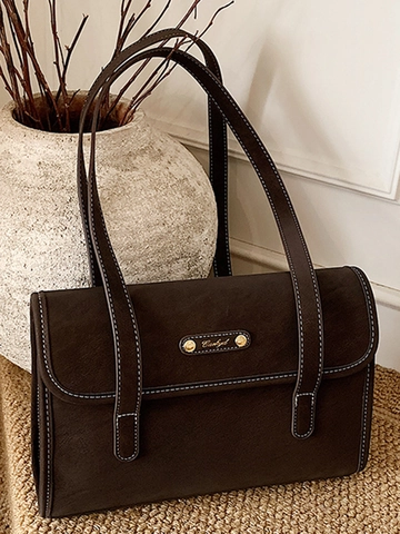 Women Retro PU Leather Underarm Bag Minimalist Large Capacity Shoulder Bag With White Contrast Stitching Commute Handbag