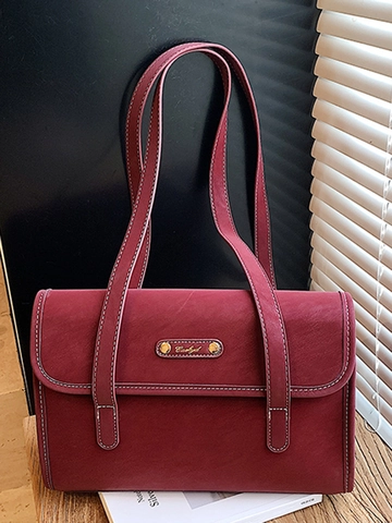 Women Retro PU Leather Underarm Bag Minimalist Large Capacity Shoulder Bag With White Contrast Stitching Commute Handbag