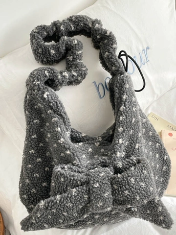 Grand Sac Cabas en Peluche d'Hiver pour Femmes Style Coréen Grand Nœud Sac à Épaule Doux Moelleux Pois Floral
