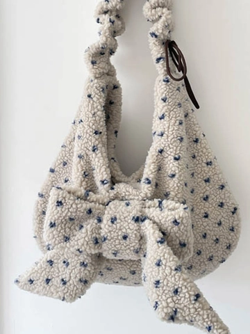 Grand Sac Cabas en Peluche d'Hiver pour Femmes Style Coréen Grand Nœud Sac à Épaule Doux Moelleux Pois Floral