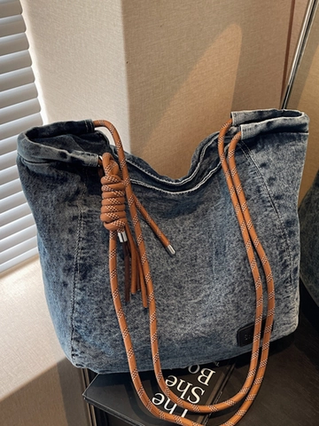 Borsa Tote in Denim da Donna Grande Capacità Urbano Semplice Lavata in Tela Borsa a Tracolla Con Manico in Corda Intrecciata Borsa Retro