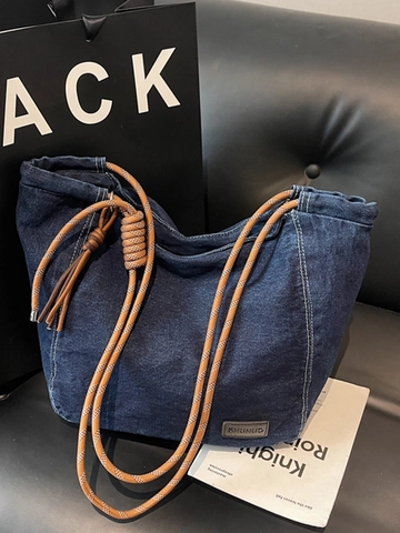 Borsa Tote in Denim da Donna Grande Capacità Urbano Semplice Lavata in Tela Borsa a Tracolla Con Manico in Corda Intrecciata Borsa Retro