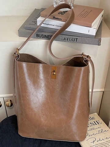 Bolso de Cubo de Cuero PU Vintage para Mujer Gran Capacidad Bolso de Mano Bandolera con Cierre de Metal Elegante Bolso de Hombro Color Sólido