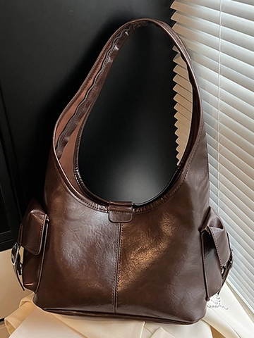 Bolso de Mano de Cuero PU de Moda Gran Capacidad Bolso de Hombro Hobo para Mujer Conmutación Bolso de Color Sólido Retro Con Bolsillos Laterales