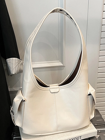 Bolso de Mano de Cuero PU de Moda Gran Capacidad Bolso de Hombro Hobo para Mujer Conmutación Bolso de Color Sólido Retro Con Bolsillos Laterales