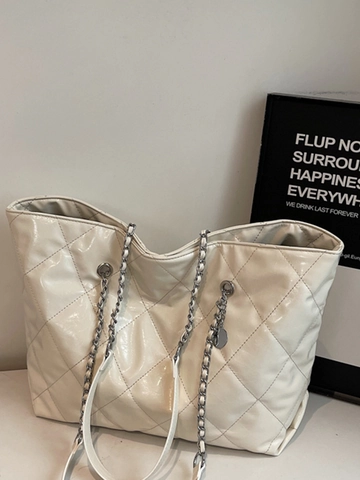 Bolso Tote Acolchado Vintage para Mujer Gran Capacidad de Cuero PU Brillante con Cadena Bolso de Hombro Patrón de Rombos Bolso de Moda Urbana