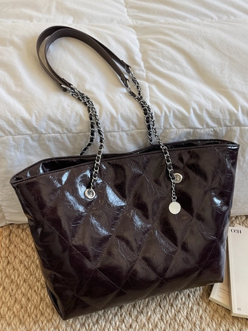 Bolso Tote Acolchado Vintage para Mujer Gran Capacidad de Cuero PU Brillante con Cadena Bolso de Hombro Patrón de Rombos Bolso de Moda Urbana