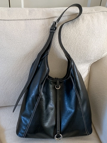 Bolso de Mano Retro de Cuero PU de Gran Capacidad para Mujer Costuras en Contraste Bolso de Hombro Axila Con Anillo de Metal