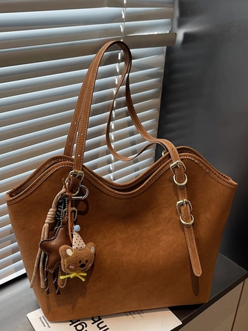 Borsa Tote Retro in Pelle PU per Donna Borsa a Tracolla a Grande Capacità Con Cuciture a Contrasto e Ciondolo Orsetto Borsetta Quotidiana